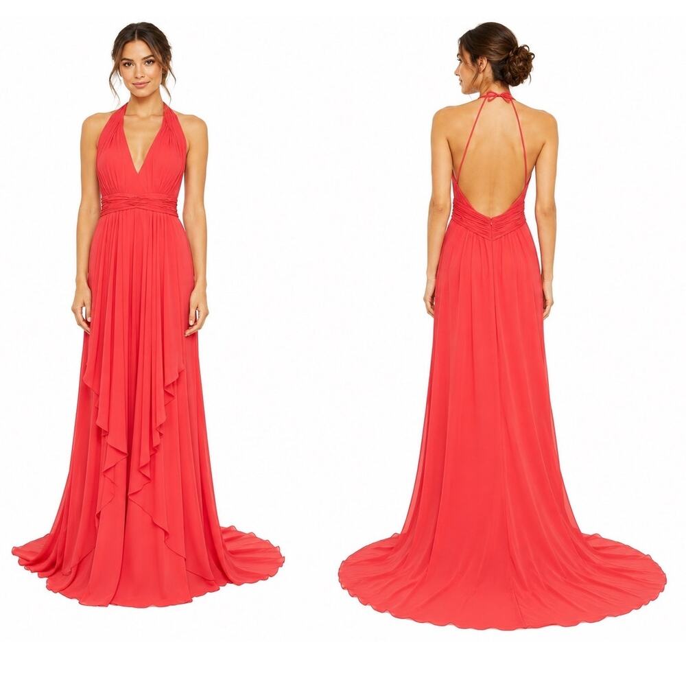 Y2K Nicole Miller 100% Silk Coral Red Halter Gown Open Back Train Size 6